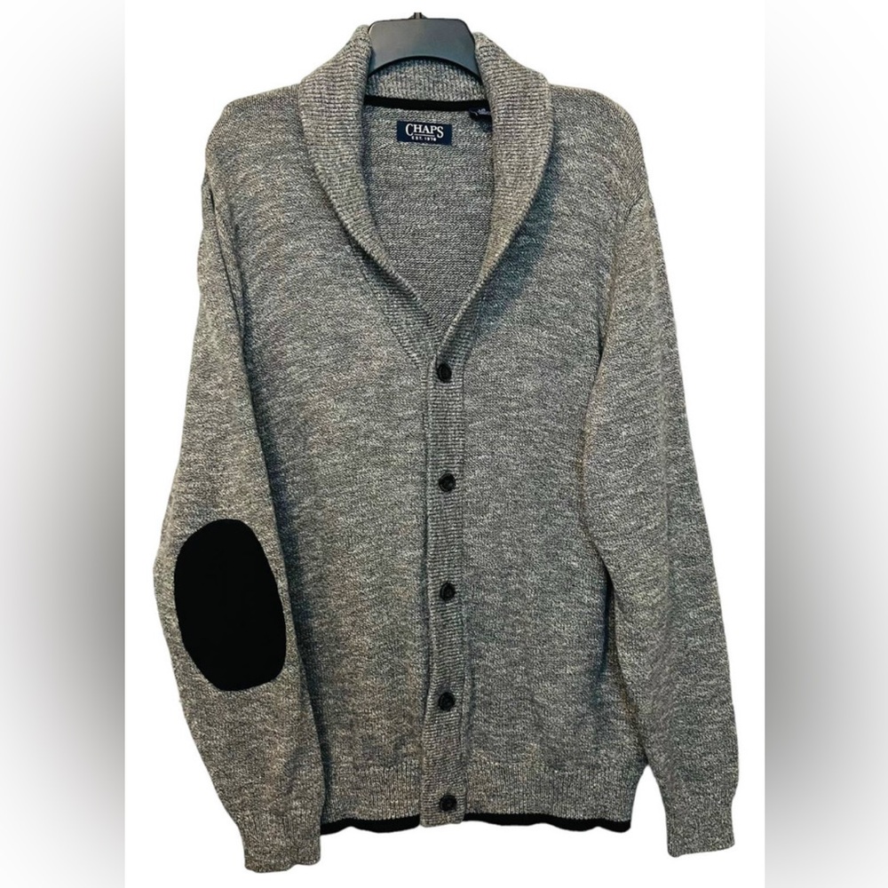 Chaps Grandpa Sweater Cardigan Gray Elbow Patch Large